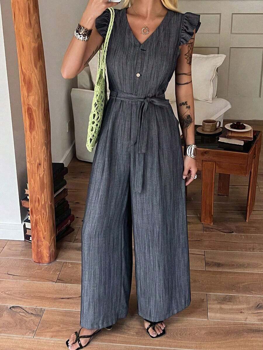Mono de mujer con cuello en V sin mangas, con volantes, cintura ceñida, pierna recta holgada, estilo casual de ciudad y vacaciones - Gris - Ver 1