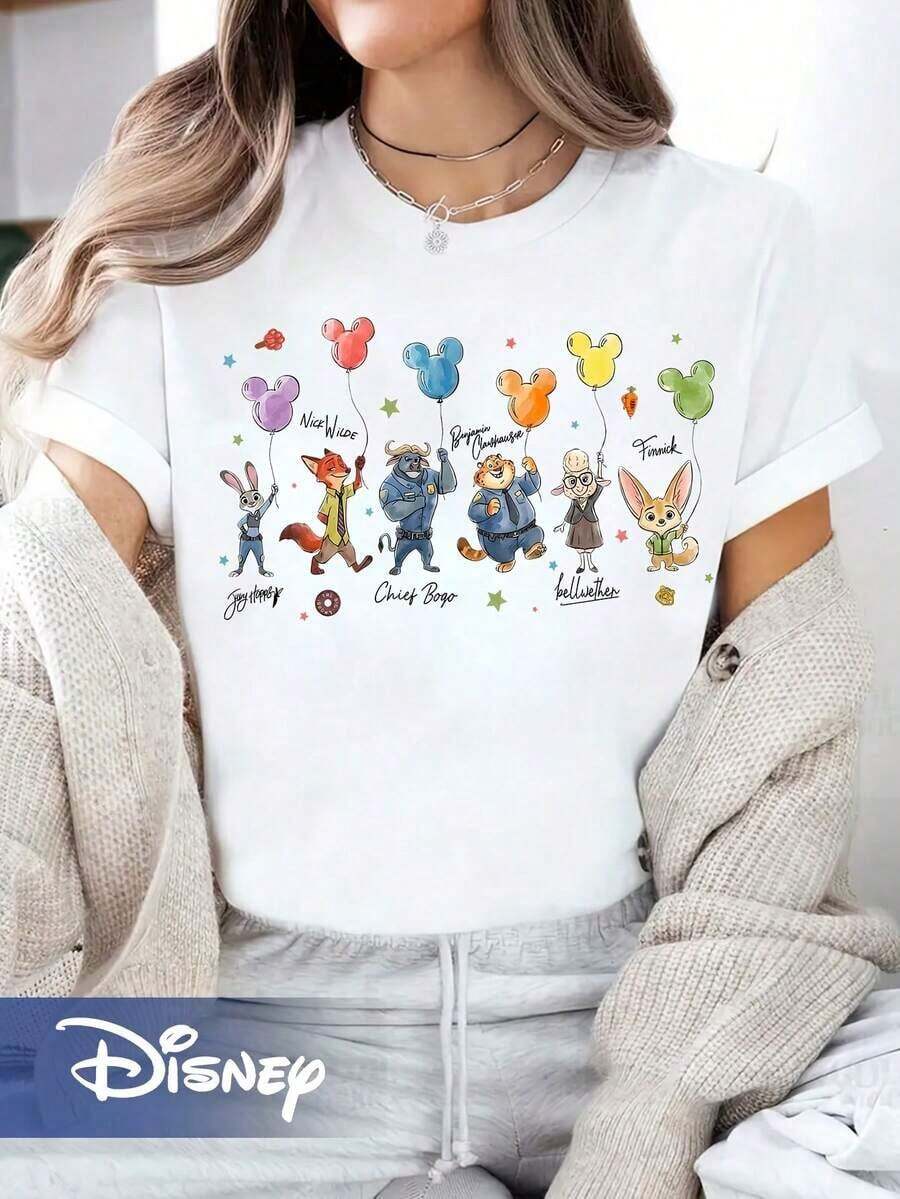 T-shirt à col rond et manches courtes pour femmes Disney avec motif de ballon de Mickey et de Zootopia - Blanc - Voir 1