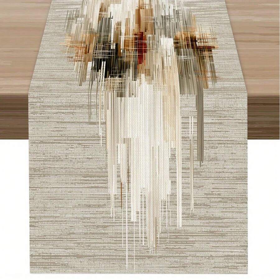 1pc Beige Wavy Geometric Table Runner, Modern Centered All-Season Table Runner, European Abstract Style, Printed Polyester Table Runner, Linear Printed Structure, Home Decor, Suitable For Holiday Decoration, Daily Coffee Table And Living Room Accents - Beige - View 1
