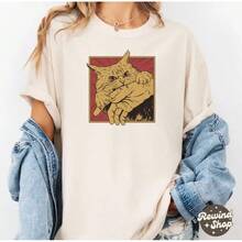 Vintage Retro Cat Bite Print T-Shirt, Japanese Horror Anime T-Shirt, Retro Print T-Shirt, Horror Cat T-Shirt, Crazy Cat T-Shirt, Unisex Cool Print T-Shirt, Fashion. - 杏色 - 查看 7
