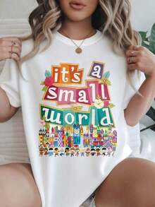 Women's Casual Short-Sleeve T-Shirt - Colorful Castle Design And "It's A Small World" Characters, Round Neck, Summer Top, Machine Washable, Ladies' T-Shirts, Casual Wear, Modern Style, Comfortable Fit

-White Blouses For Women Shirt - 白色 - 查看 1