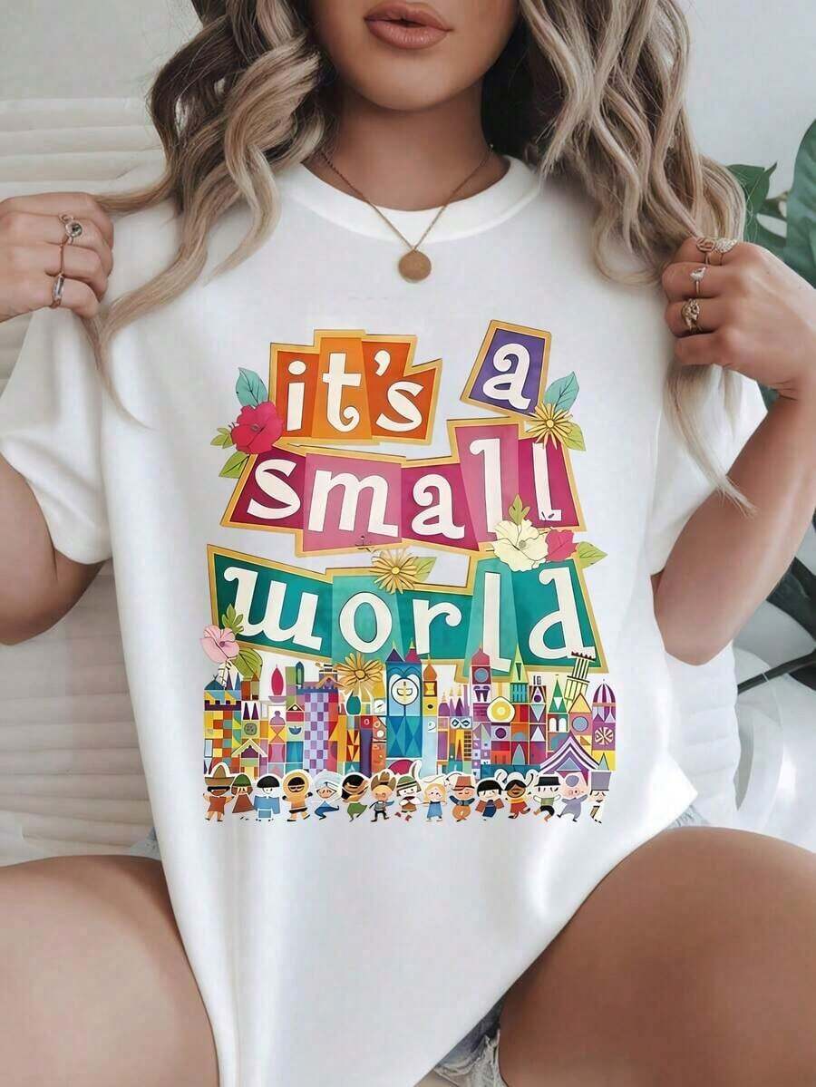 Women's Casual Short-Sleeve T-Shirt - Colorful Castle Design And "It's A Small World" Characters, Round Neck, Summer Top, Machine Washable, Ladies' T-Shirts, Casual Wear, Modern Style, Comfortable Fit
-White Blouses For Women Shirt - 白色 - 查看 1