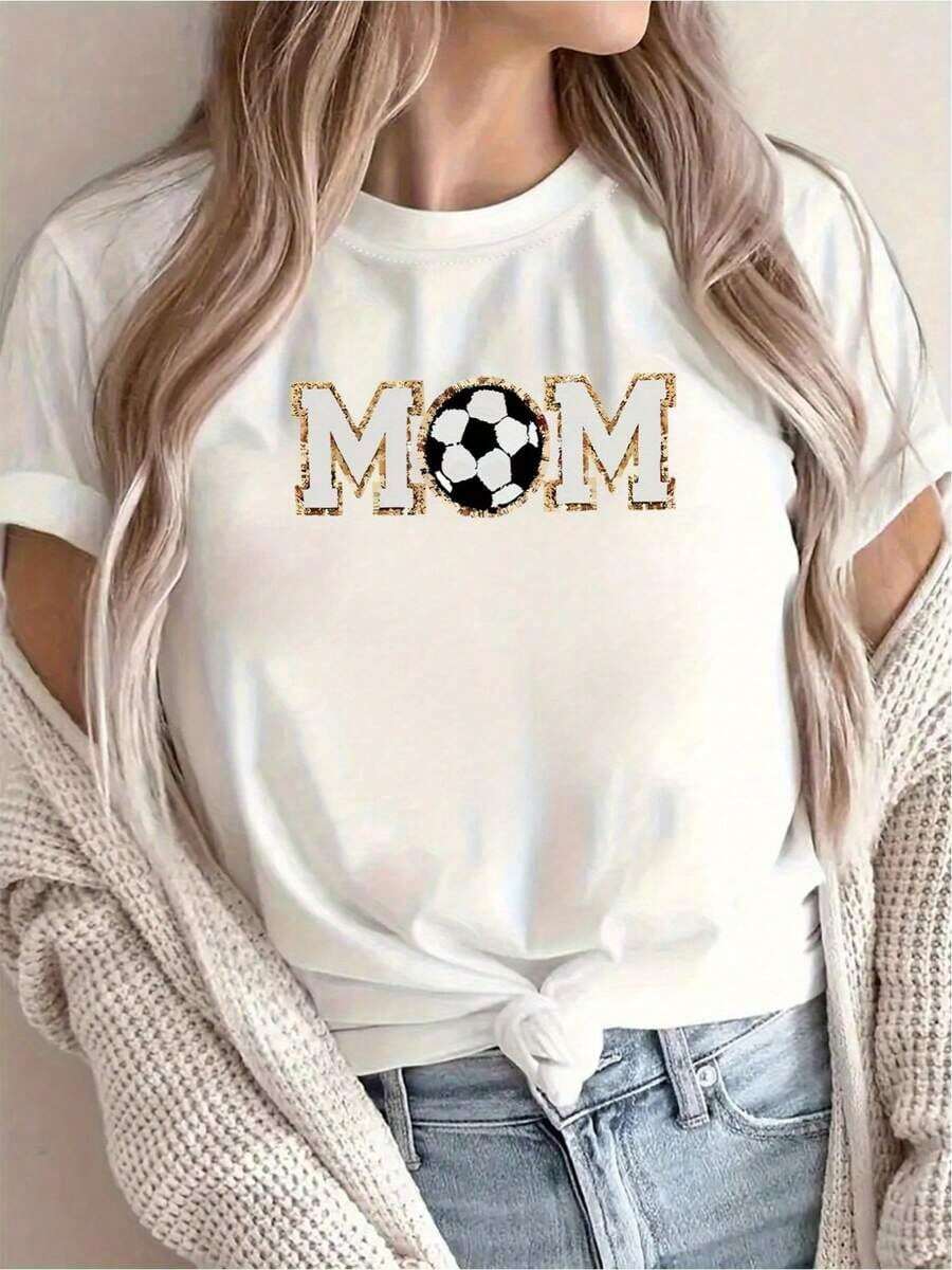 [New Arrival] Women's Soccer Mom Pattern Printed T-Shirt For Mother's Day, Casual, Vacation, Short Sleeve Crew Neck, Spring Summer, Machine Washable, New Fashion Women's, Versatile For Streetwear, Winter Sportswear For Women - Vintage Street Style Unisex Cotton Short Sleeve Crew Neck T-Shirt - 白色的 - 查看 1