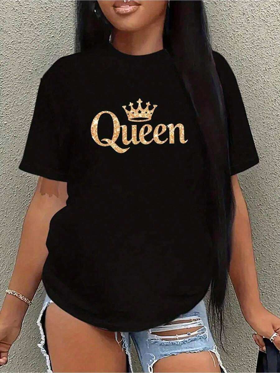 Elegant White Short Sleeve T-Shirt With Gold Crown Design "Queen" | Soft Blend, Round Neck, Casual Summer Top For Women, Ladies' T-Shirts. - 黑色 - 查看 1