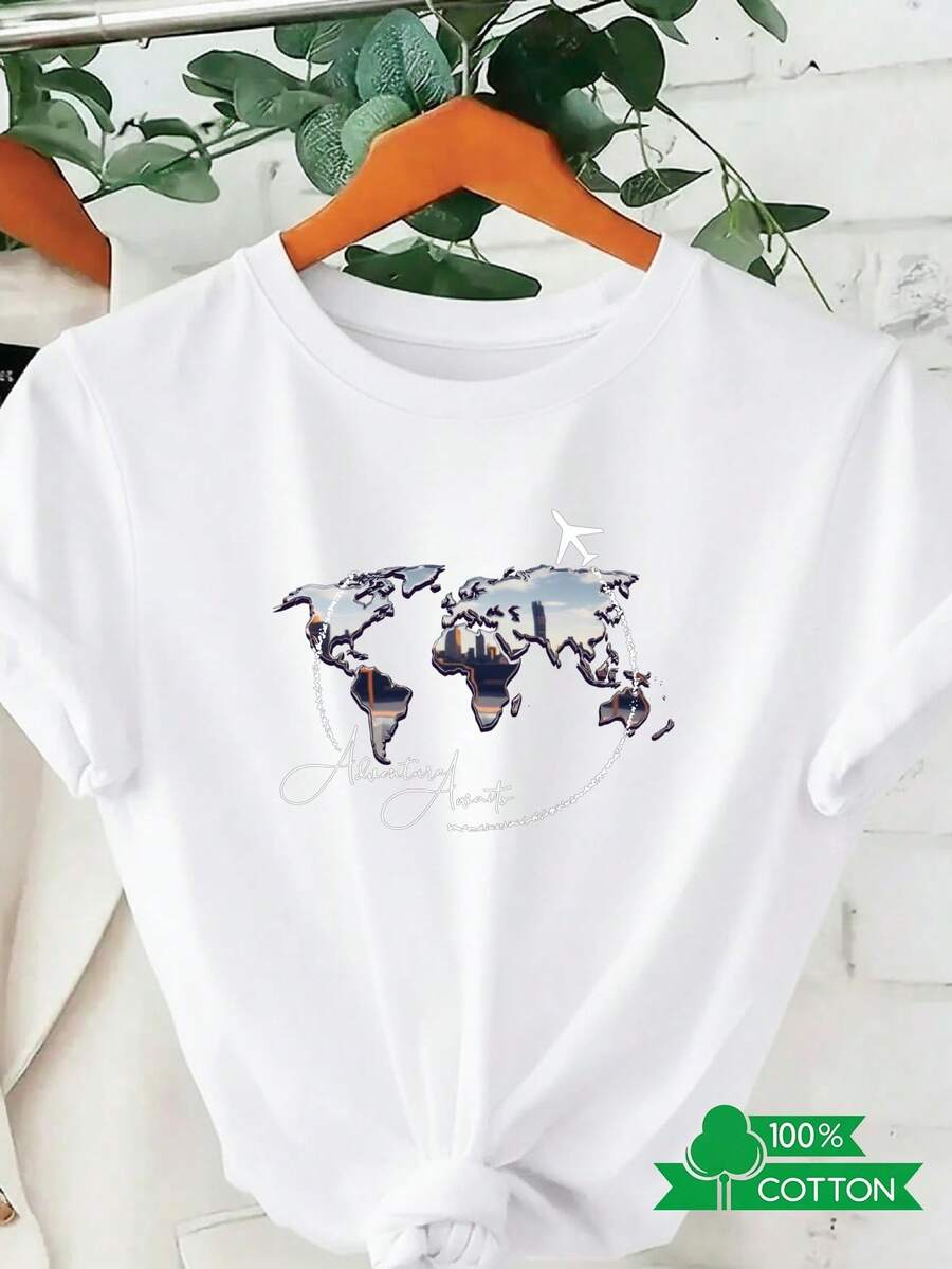 Women's Soft And Fashionable Crew Neck T-Shirt With Anime Letter Print, Simple Design, Comfortable And Breathable, Suitable For Casual And Versatile Daily Wear, Showing A Natural And Elegant Style, A Must-Have For Summer Parties, Local Shipping, Worldwide Design. - 白色 - 查看 1