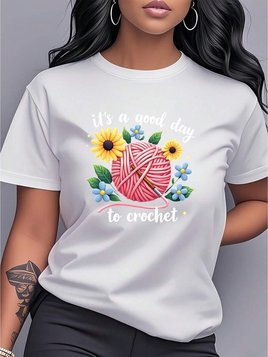 Women's T-Shirt Made Of Pure Cotton, Casual Loose Style, With Floral Print, Short Sleeves And Round Neck, Modern And Versatile Women's Clothing, Unique And Fashionable, Suitable For Daily Wear, Parties, Travel, Leisure At Home, Birthday Gift. - 白色 - 查看 1