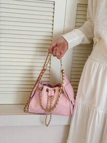 Rhombus Pattern Women's Large Capacity Shoulder Crossbody Drawstring Bucket Bag, Commuter Handbag - Pink - View 4
