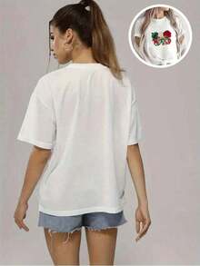 Women's Short Sleeve Blouse, One Piece, Beautiful Blouses For Women, Women's Clothing Sets, Mexico Image, 180G T-Shirt, Black And White, Floral Print, High Quality, Round Neck, Basic Fit, Loose, Breathable, Versatile, Machine Washable, Comfortable, Size S-3XL, Daily, Casual, Sporty, Summer Essential. Leisure - 白色 - 查看 5