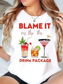 New Arrivals For Summer. Women's Crew Neck T-Shirt With "Blame It On The Drink Package" Cocktail Print, Casual Summer Blouse, Shirt > Beautiful. - 黑色 - 查看 6