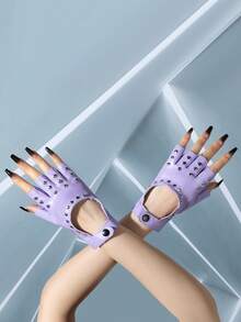 1 Pair Unisex Fashion Punk Style Solid Color PU Rivet Strap Half Finger Gloves, Suitable For Outdoor, Cycling, Sports, Street Dance Performance - Multicolor - View 11