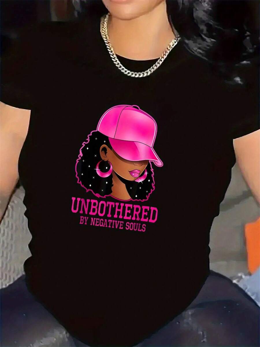 Women's Polyester T-Shirt, "Unbothered" Graphic Design, Ideal For Casual Wear In The Living Room, Durable And Comfortable Fabric, Stylish Pink Cap Illustration, Perfect For Everyday Wear, Lightweight And Breathable Material, Urban Style Top - 黑色 - 查看 1