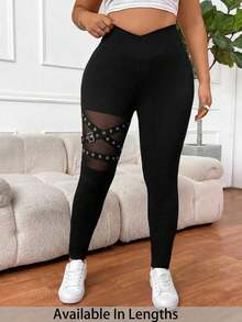 Leggings básicos de unicolor para mujer de talla grande, leggings transparentes de malla en contraste, para uso diario, deportes, primavera, disfraz de carnaval para mujer, leggings negros - Negro - Ver 6