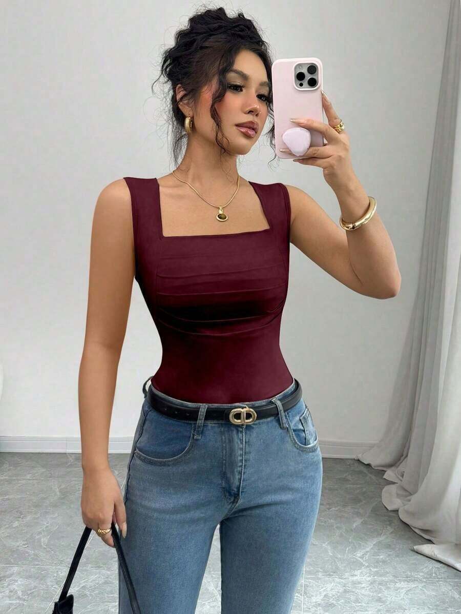 Camiseta sin mangas de verano ajustada de cuello cuadrado de unicolor elegante y casual para mujer - Burdeos - Ver 1