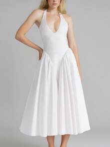 Elegant Pleated Halter Neck Party Dress For Spring 2026 - 白色 - 查看 7