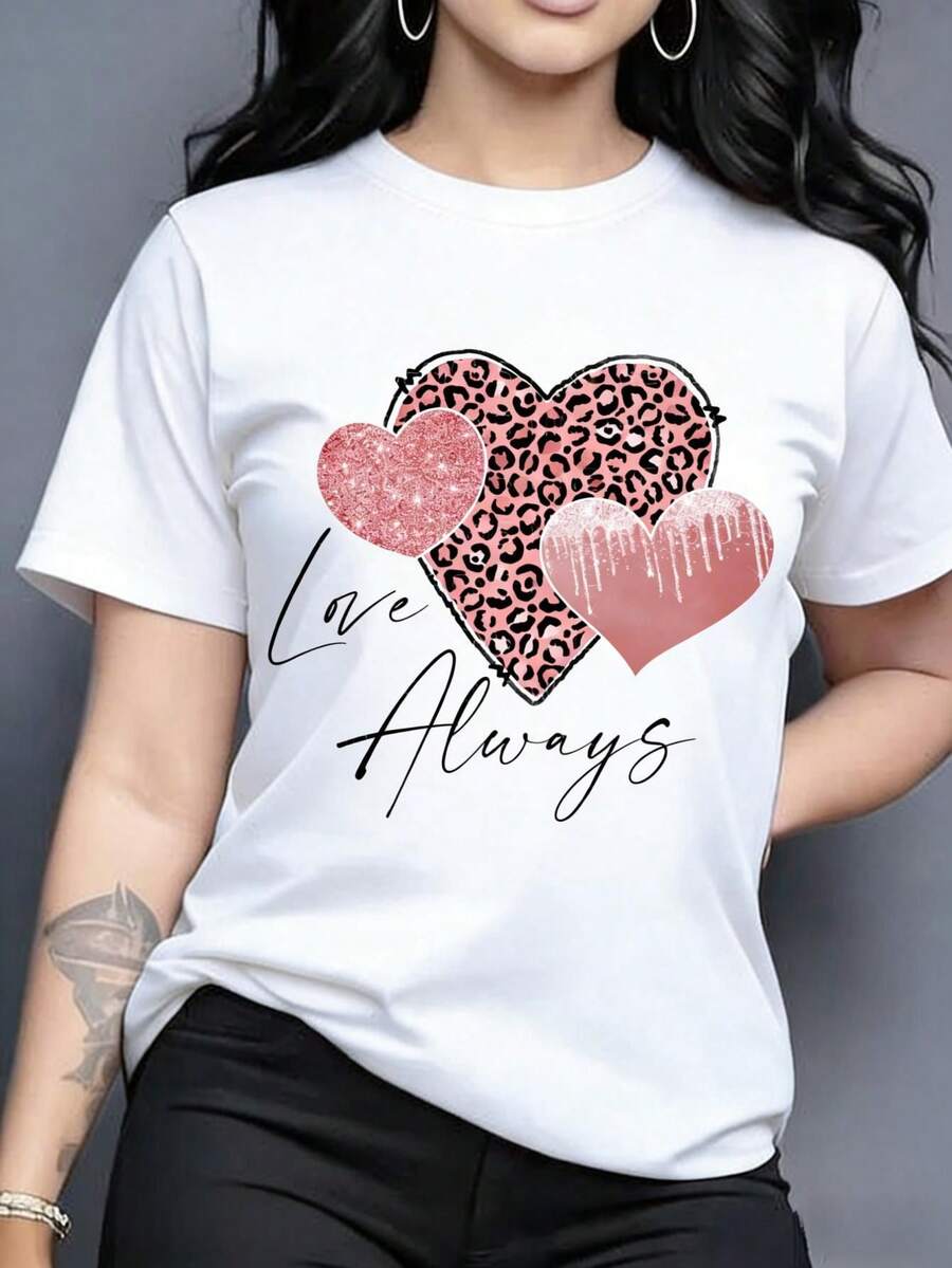 Women's Short-Sleeved T-Shirt With Round Neck, Leopard Heart Print With Glitter And Dripping Effect And The Inscription 'Love Always', Casual Wear. - Black - View 1