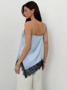 Camiseta elegante y sexy de mujer con estampado de leopardo y encaje en contraste, camiseta de estampado de leopardo elegante, top de fiesta, atuendos de playa y vacaciones para mujeres, top para salir - Celeste - Ver 7