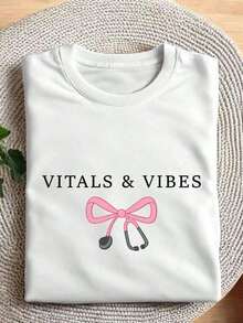 1 Coquette Vitals And Vibes T-Shirt, Funny Nurse T-Shirt, Nurse Gift, Nurse Appreciation, Medical Student T-Shirts, Cute Stethoscope T-Shirts, 180g 100% Cotton. - 白色 - 查看 12