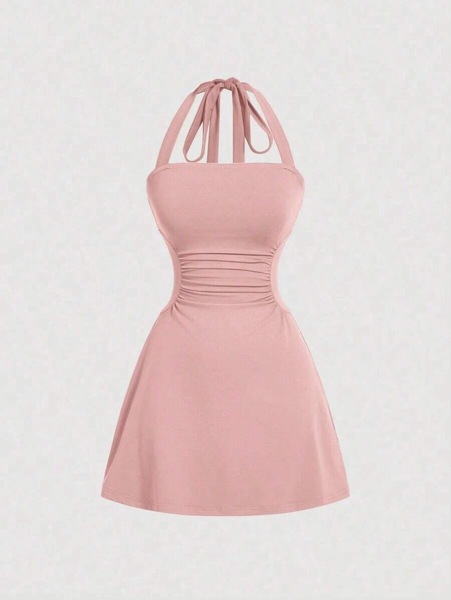 Vestido de corte en A y talle ceñido en la cintura, gris y con escote en V para mujer - Rosa - Ver 1