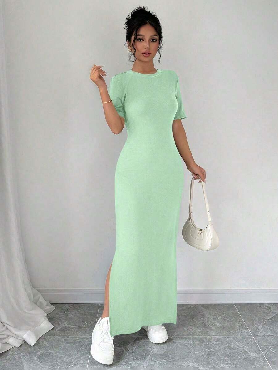 Vestido largo de mujer de manga corta con cuello en V y bajo dividido, de unicolor, vestido maxi elegante de color burdeos, vestido largo ajustado, vestido largo rojo, vestido maxi de manga corta para mujer, vestidos de mujer, vestido largo ajust - verde menta - Ver 1