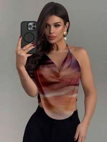 Top de cuello halter para fiesta sin espalda con fornteras drapeadas y diseño sólido - Multicolor 7 - Ver 5