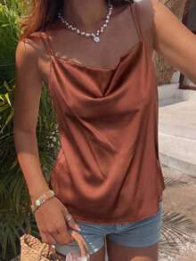 Camiseta sin mangas casual de unicolor y cuello en V elegante para mujer, verano - Marrón - Ver 5