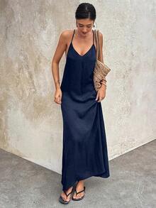 Vestido largo elegante de mujer con tirantes finos, espalda descubierta y lentejuelas, adecuado para fiestas, bodas, playa y vacaciones, color negro, para verano - Azul marino - Ver 4
