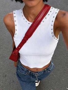 Top de tirantes con lentejuelas y aplicaciones de lentejuelas, estilo de ropa urbana, camisa corta de moda - Blanco 3 - Ver 6