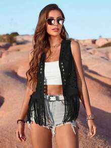 Chaqueta de mezclilla para mujer para festivales, conciertos de música country, vacaciones, estilo casual y sexy bohemio, chaleco ligero de gamuza con flecos para el verano - Negro - Ver 3