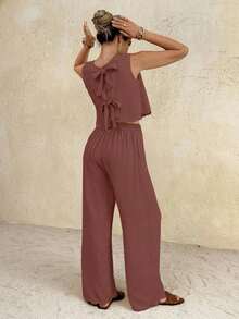 Conjunto informal de 2 piezas con top de cuello redondo y lazo en la espalda, y pantalones de cintura elástica de unicolor para mujer - Color caoba - Ver 8