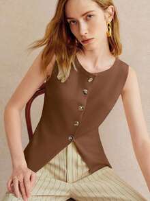 Knit Blouse – Round Neck, Front Buttons – Elegant And Minimalist Design – Perfect For Everyday Wear - 棕色 - 查看 3