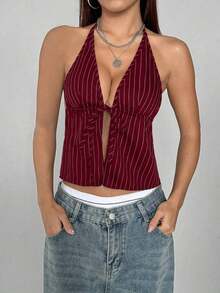 Parte superior de camisa de tirantes con cuello halter a rayas, camiseta de gráficos de verano para mujer - Burdeos - Ver 6