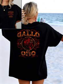 A Majestic Rooster Figure In Golden Tones Symbolizes Strength, Courage, And Prosperity, Surrounded By Baroque Details That Convey Positive Energy. Women's T-Shirt With A Modern And Casual Double Print - 黑色 - 查看 8