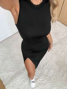 Vestido suelto y elegante de mujer con abertura, de color marrón, estilo de verano informal - Negro 3 - Ver 4