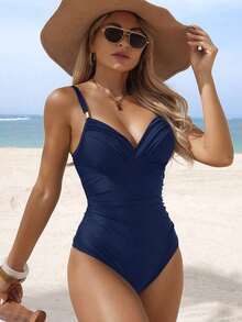 Traje de baño de una pieza con control de abdomen y acolchado, elegante y maduro, para mujer, color negro - Azul marino - Ver 6