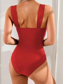 Swim Basics Traje de baño de una pieza con hombros fruncidos de unicolor, estilo minimalista bohemio de festival para mujer - Rojo - Ver 2