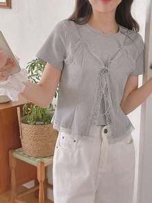 Camiseta de mujer con cuello redondo de manga corta con 2 en 1 y encaje empalmado - Gris 3 - Ver 4