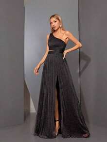 Vestido de malla con un hombro asimétrico, pecho fruncido, recorte hueco y abertura alta en A, vestido de dama de honor para boda, color rosa, primavera - Negro - Ver 3