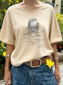 Camiseta de mujer de manga corta, cuello redondo, de corte holgado con estampado de eslogan, nueva para el verano. Prenda de vestir casual y de moda, adecuada para uso diario y vacaciones. Camiseta de mujer. Negro,Playera Gráfica Oversized Mujer Verano Casual - Albaricoque - Ver 4