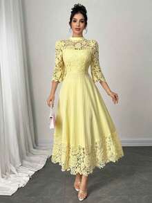 Vestido largo de manga larga con parches de bordado de ojal amarillo para mujeres - Amarillo - Ver 8