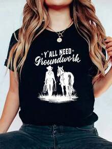 100% Cotton Needs Base Work, Funny Western Style Riding T-Shirt, Casual Print, Short Sleeve, Black T-Shirt, Graphic Tees, Women's Tops. - 黑色 - 查看 1