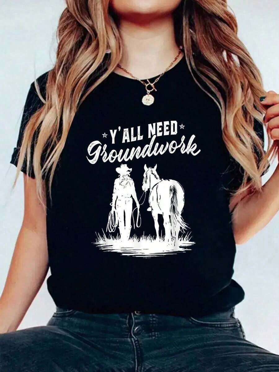 100% Cotton Needs Base Work, Funny Western Style Riding T-Shirt, Casual Print, Short Sleeve, Black T-Shirt, Graphic Tees, Women's Tops. - 黑色 - 查看 1