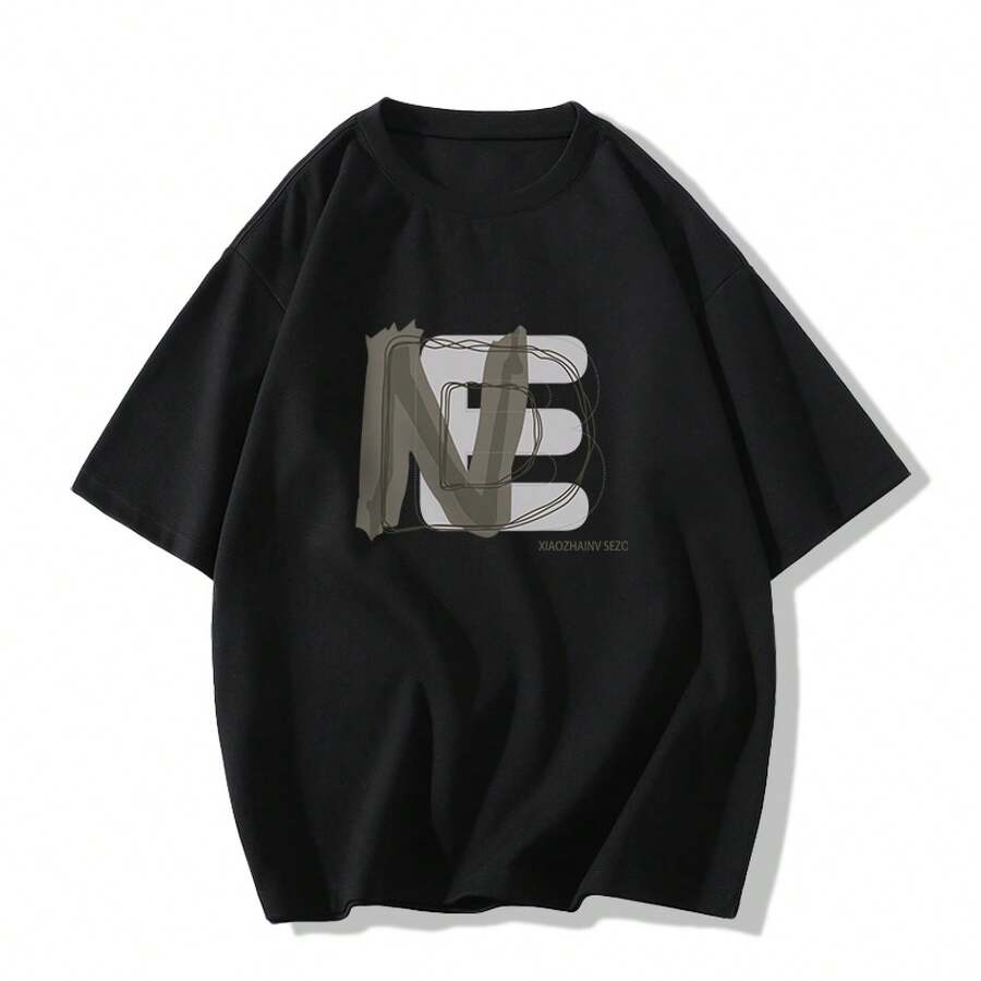 Women's Casual Printed T-Shirt, Short Sleeves, Round Neck, Spring/Summer Urban Fashion Unisex T-Shirt. GVXP - 黑色 - 查看 1