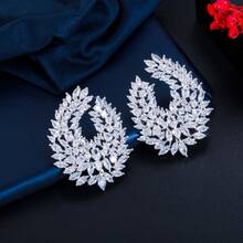 2 đôi bông tai lớn đối xứng mạ bạc thiết kế thủ công đính đá Cubic Zirconia trắng cao cấp dành cho nữ, thích hợp cho các cuộc thi sắc đẹp. - bạc - Xem 2