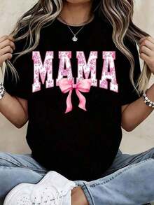 Printed Cotton T-Shirt, 100% Pure Cotton, Pink Bow Print, Casual Women's T-Shirt, Mother's Day Gift Top, Comfortable Cotton, Loose Fit, Suitable For All Body Types, Perfect For Dates, Outdoor Activities, And Casual Wear, With A Classic American Style. Summer Tops - 黑色 - 查看 1