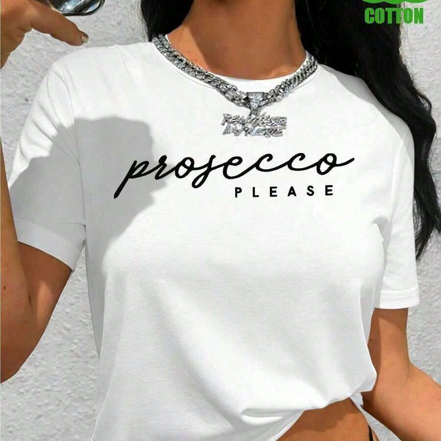 Camiseta de Mujer con Estampado de Vino Espumoso Italiano, Letras Modernas, Cuello Redondo de Manga Corta y Tejido Pesado, Prenda de Moda Ideal para Regalar - blanco - Ver 1