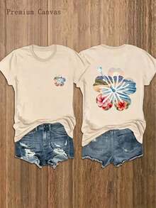 1 Women's T-Shirt | Beach Vacation Style, 100% Soft And Breathable, Boho Style With Floral Print, Round Neck, Casual Short Sleeve, Hibiscus Flower Graphic On Front And Back, Tropical Beach Style For Summer Outfits - Women's Summer Sets, 100% Cotton - 杏色 - 查看 1