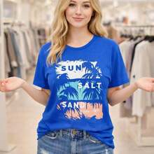 Camiseta Gráfica de Talla Grande para Mujer con Estampado de Sol, Sal y Arena, Camiseta de Algodón de Manga Corta y Corte Holgado, Top Casual para Vacaciones de Verano, Estampado Vintage de Palmeras, Camiseta de Cuello Redondo Relajada para Conjuntos de Playa, Adecuada para primavera, verano y otoño - Azul - Ver 1