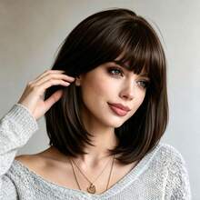 30cm/12 Inch Dark Brown Short Straight Wig With Bangs, Soft Smooth Voluminous Natural Look, Easy To Wear, Suitable For All Women For Party, Music Festival, Christmas - Multicolor - View 7