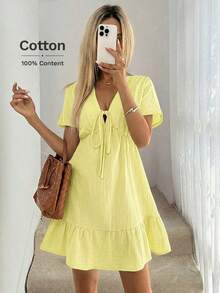 Vestido paraguas con cuello en V, lazo en los hombros, mangas caídas, cintura recogida, volantes en el bajo, de doble capa con textura de crepé 100% algodón, casual, relajado y elegante para uso diario, vacaciones, primavera y verano para mujeres - Amarillo - Ver 6
