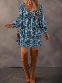 Acelitt Vestido de manga farol con frente fruncido y parches con estampado floral diminuto, elegante para vacaciones de primavera - Agua verde azul - Ver 3